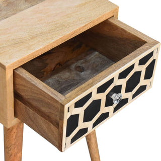 Mango Wood Narrow Bedside Table with Bone Inlay Drawer, Oak Finish