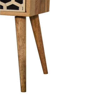 Mango Wood Narrow Bedside Table with Bone Inlay Drawer, Oak Finish