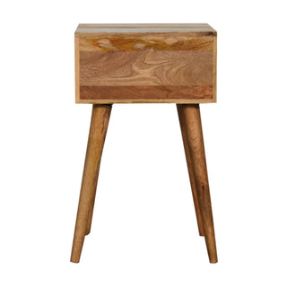 Mango Wood Narrow Bedside Table with Bone Inlay Drawer, Oak Finish