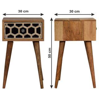 Mango Wood Narrow Bedside Table with Bone Inlay Drawer, Oak Finish