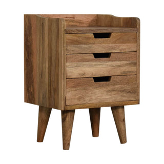 Mango Wood Bedside Table with 3 Drawers, Oak Finish