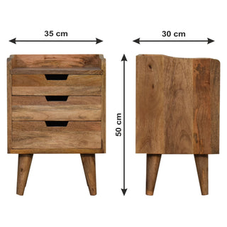 Mango Wood Bedside Table with 3 Drawers, Oak Finish