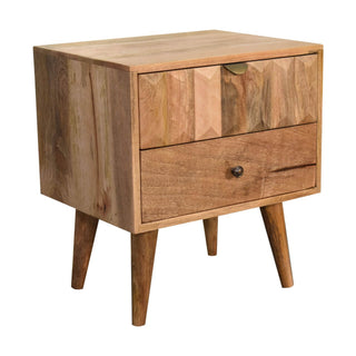 Prism Carved Bedside Table, Oak Finish