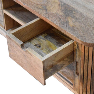 Mango Wood Mokka TV Stand with Sliding Door and 4 Hidden Drawers, Oak Finish