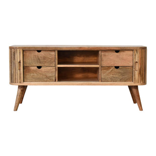 Mango Wood Mokka TV Stand with Sliding Door and 4 Hidden Drawers, Oak Finish