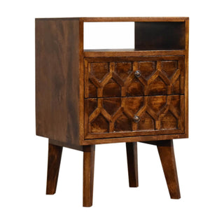 Mango Wood Amouri Bedside Table with 2 Drawers, Chestnut Finish