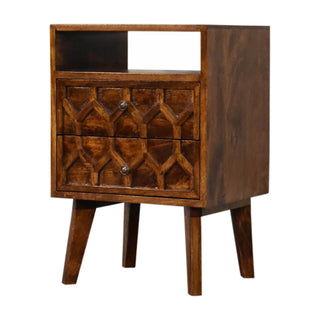 Mango Wood Amouri Bedside Table with 2 Drawers, Chestnut Finish