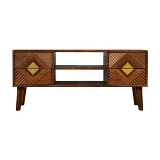 4-Drawer TV Stand – Mango Wood with Chestnut Finish & Brass Accents