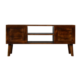 4-Drawer TV Stand – Mango Wood with Chestnut Finish & Brass Accents