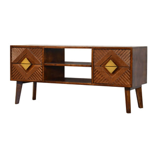 4-Drawer TV Stand – Mango Wood with Chestnut Finish & Brass Accents
