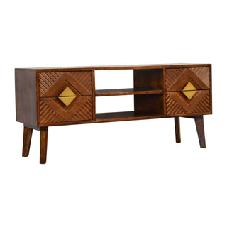 4-Drawer TV Stand – Mango Wood with Chestnut Finish & Brass Accents