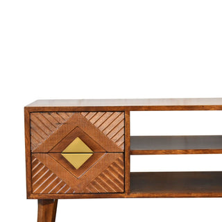 4-Drawer TV Stand – Mango Wood with Chestnut Finish & Brass Accents