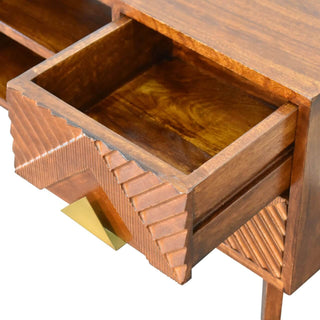 4-Drawer TV Stand – Mango Wood with Chestnut Finish & Brass Accents