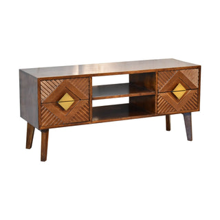 4-Drawer TV Stand – Mango Wood with Chestnut Finish & Brass Accents