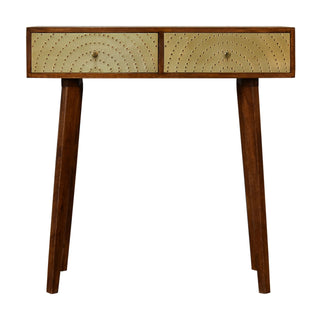 Mango Wood Console Table with 2 Drawers and Brass Plated Accents, Chestnut Finish