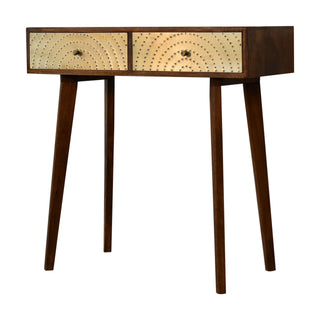 Mango Wood Console Table with 2 Drawers and Brass Plated Accents, Chestnut Finish