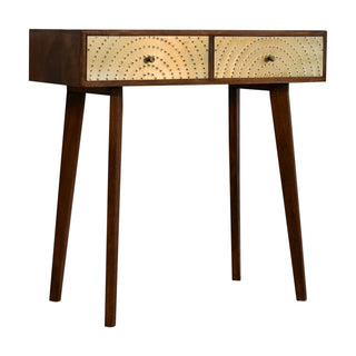 Mango Wood Console Table with 2 Drawers and Brass Plated Accents, Chestnut Finish