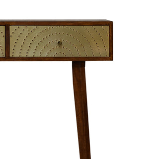Mango Wood Console Table with 2 Drawers and Brass Plated Accents, Chestnut Finish