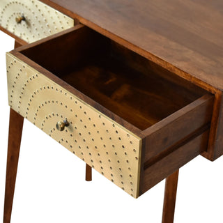 Mango Wood Console Table with 2 Drawers and Brass Plated Accents, Chestnut Finish