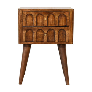 Mango Wood Arch Carved Bedside Table, Chestnut Finish