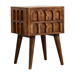 Mango Wood Arch Carved Bedside Table, Chestnut Finish