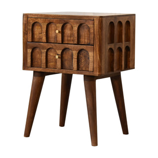 Mango Wood Arch Carved Bedside Table, Chestnut Finish