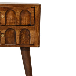 Mango Wood Arch Carved Bedside Table, Chestnut Finish
