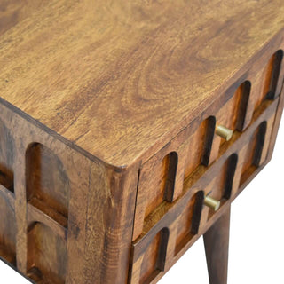 Mango Wood Arch Carved Bedside Table, Chestnut Finish