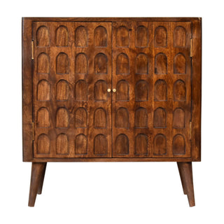 Arch-Carved Mango Wood Cabinet in Chestnut Finish