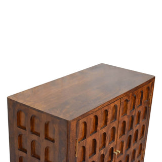 Arch-Carved Mango Wood Cabinet in Chestnut Finish