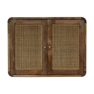 Mango Wood Wall Mounted Cabinet with Rattan Door, Grey Wash Finish