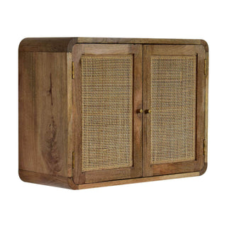 Mango Wood Wall Mounted Cabinet with Rattan Door, Grey Wash Finish