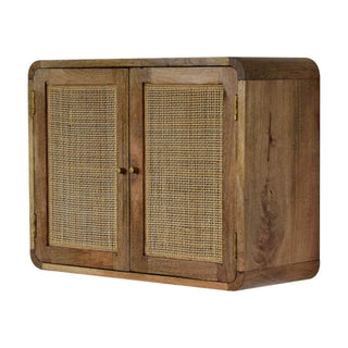 Mango Wood Wall Mounted Cabinet with Rattan Door, Grey Wash Finish