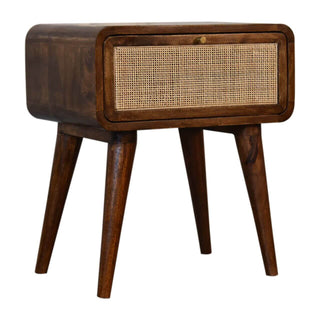 Mango Wood Bedside Table with Rattan Drawer, Chestnut Finish