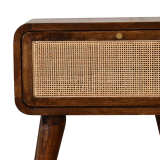 Mango Wood Bedside Table with Rattan Drawer, Chestnut Finish