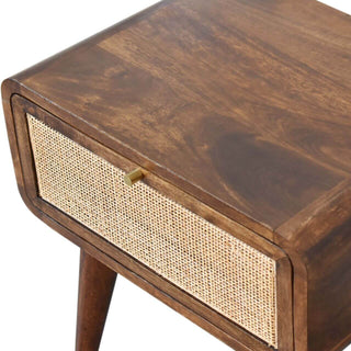 Mango Wood Bedside Table with Rattan Drawer, Chestnut Finish