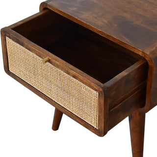 Mango Wood Bedside Table with Rattan Drawer, Chestnut Finish