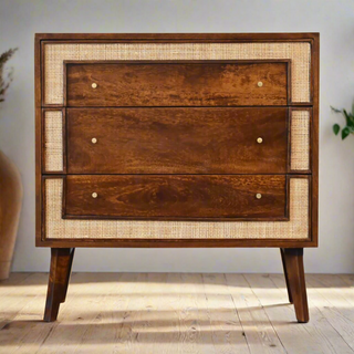 Mango Wood 3-Drawer Chest with Rattan Edges