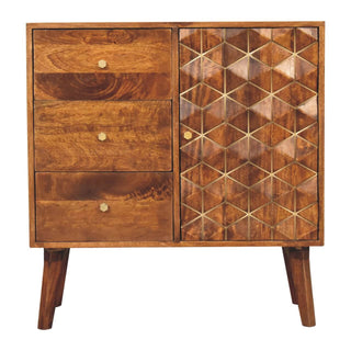 Mango Wood Carved Cabinet with Brass Inlay and Chestnut Finish