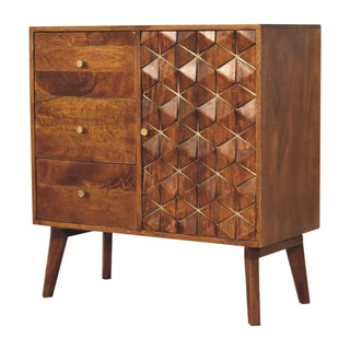 Mango Wood Carved Cabinet with Brass Inlay and Chestnut Finish
