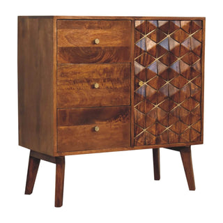 Mango Wood Carved Cabinet with Brass Inlay and Chestnut Finish
