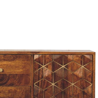 Mango Wood Carved Cabinet with Brass Inlay and Chestnut Finish