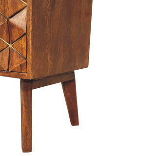 Mango Wood Carved Cabinet with Brass Inlay and Chestnut Finish