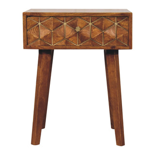 Mango Wood Brass Inlay Bedside Table with 1 Drawer, Oak Finish