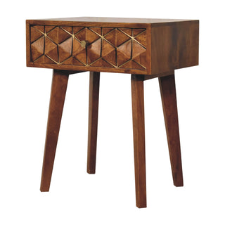 Mango Wood Brass Inlay Bedside Table with 1 Drawer, Oak Finish