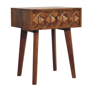 Mango Wood Brass Inlay Bedside Table with 1 Drawer, Oak Finish