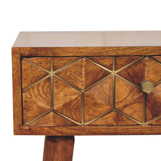 Mango Wood Brass Inlay Bedside Table with 1 Drawer, Oak Finish