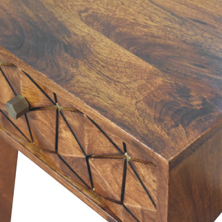 Mango Wood Brass Inlay Bedside Table with 1 Drawer, Oak Finish
