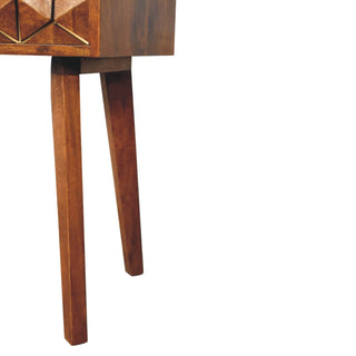 Mango Wood Brass Inlay Bedside Table with 1 Drawer, Oak Finish