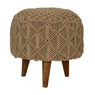 Mango Wood Frame Crochet Stool, Beige